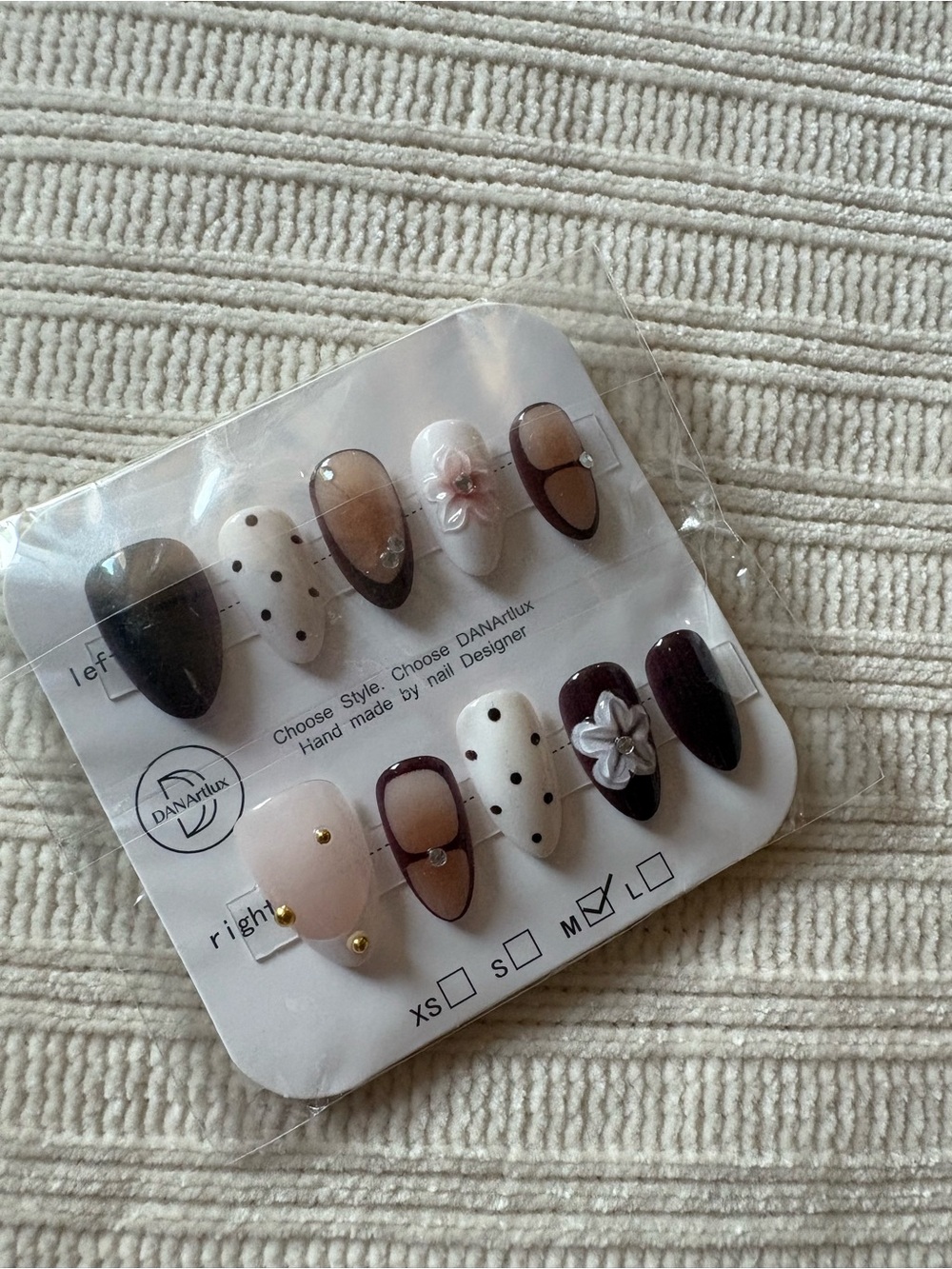 Press-On Nail Set - Floral & Polka Dot Pink and Brown Design size Medium